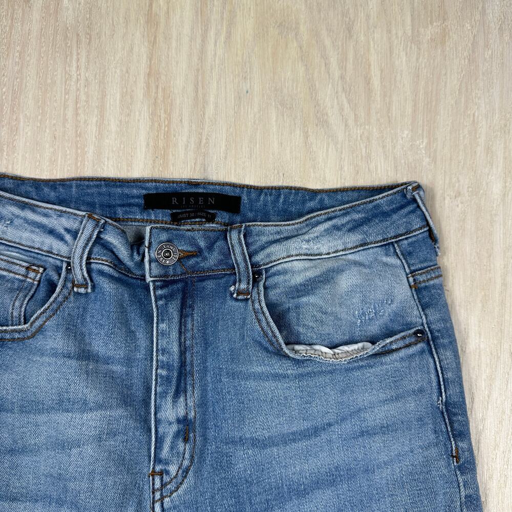 Risen Distressed High Rise Shredded Knee Grunge Edgy Cropped Boot Denim Jeans 30 - Picture 4 of 16